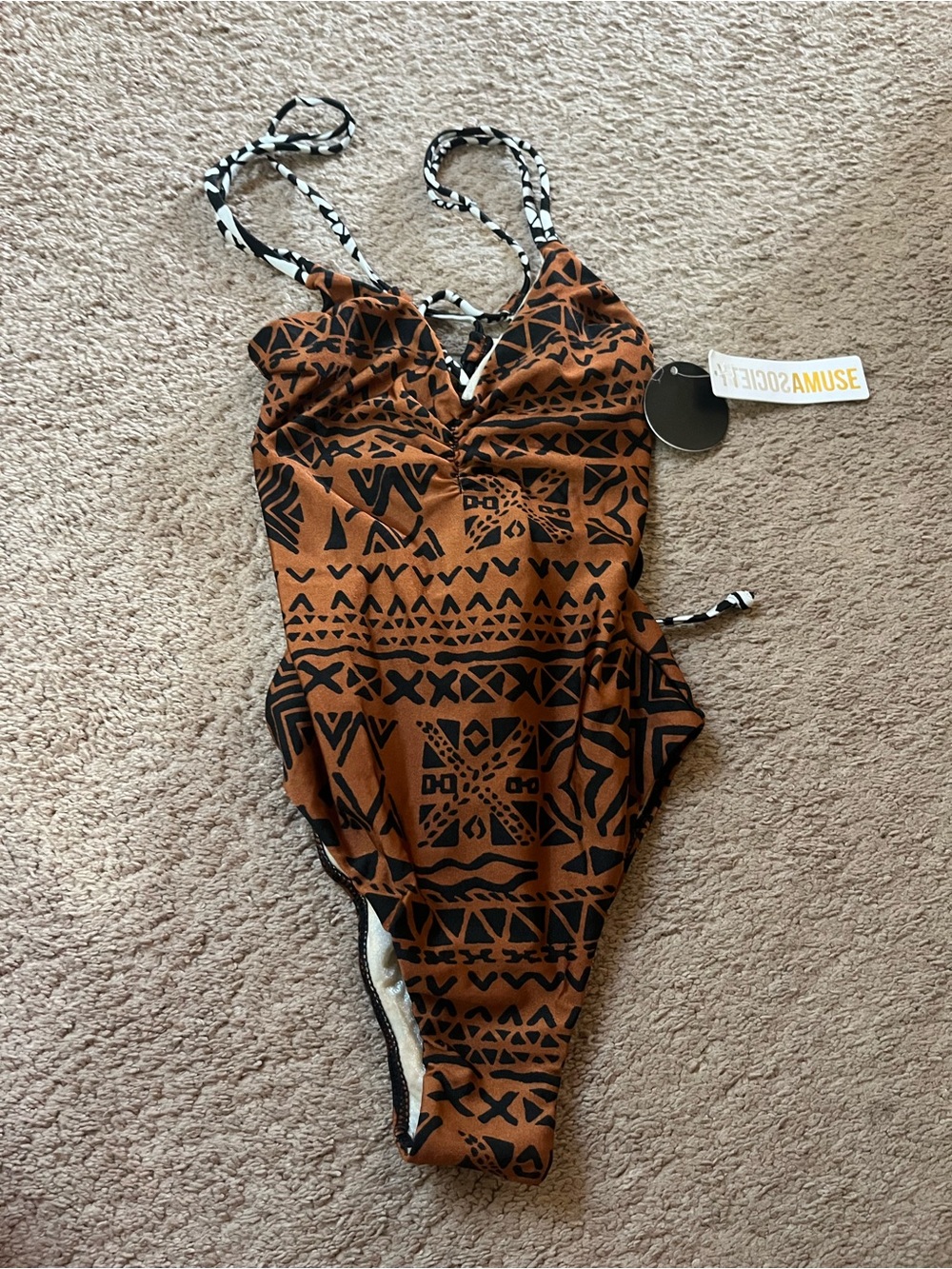Amuse Society Rust Brown Tribal One-Piece Swimsuit with Black Pattern